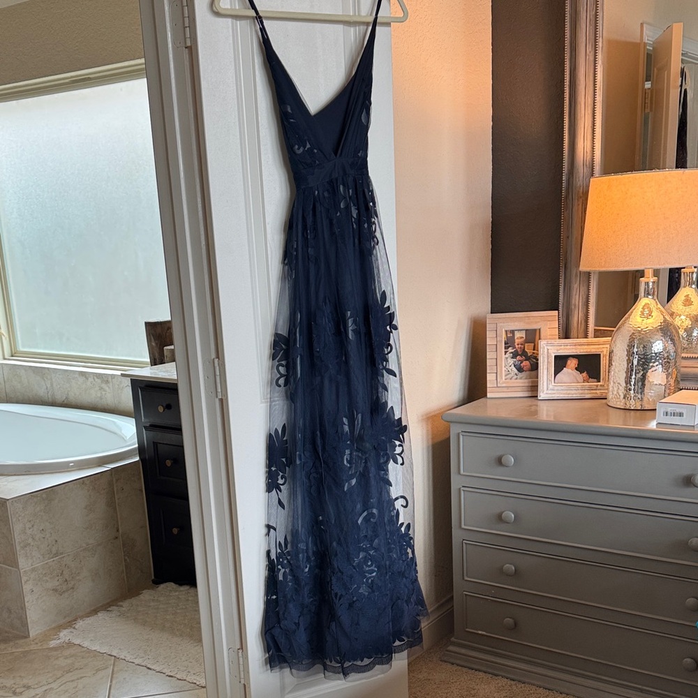 Elegant Navy Blue Maxi Dress with Floral Applique